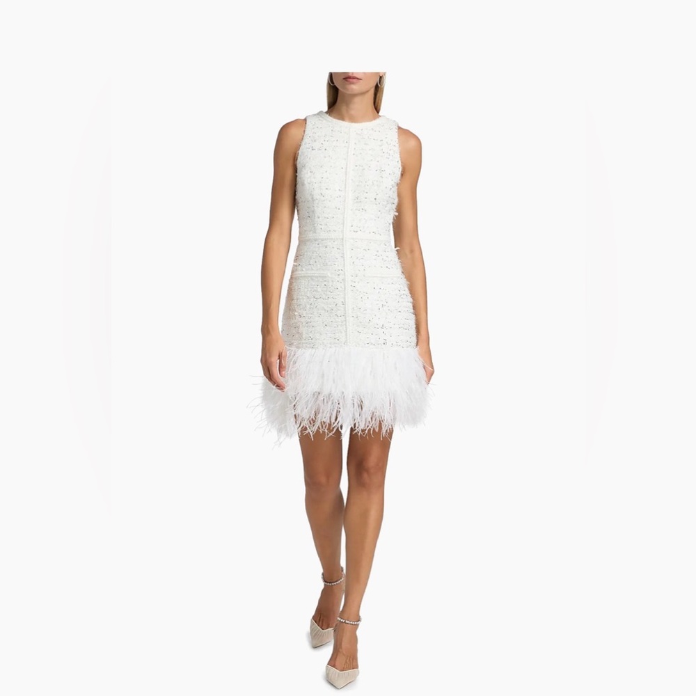 NWOT Milly Raven Feather-Trim Metallic Tweed Minidress